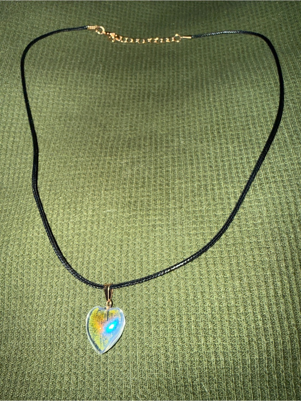 Heart Pendant Necklace - Iridescent Blue-Green on Black Cord